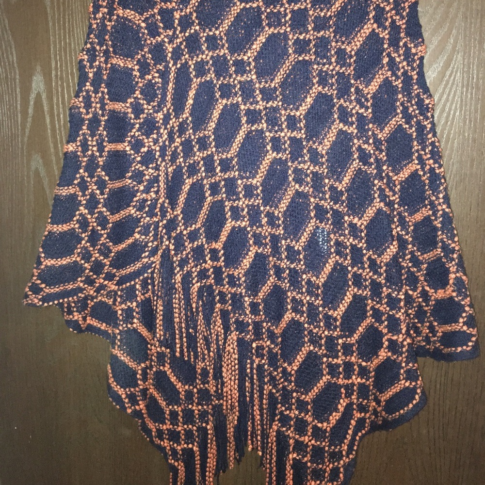 Knit fringed poncho, navy & orange, one size, asymmetrical